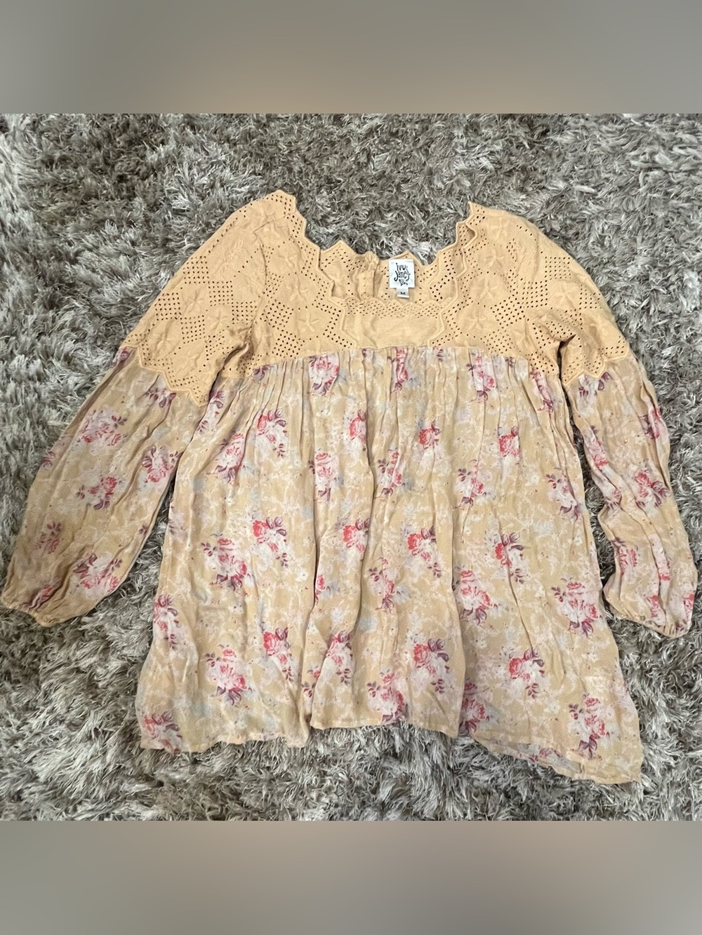 ivy jane Mustard Eyelet Yoke Blouse with Pink Floral